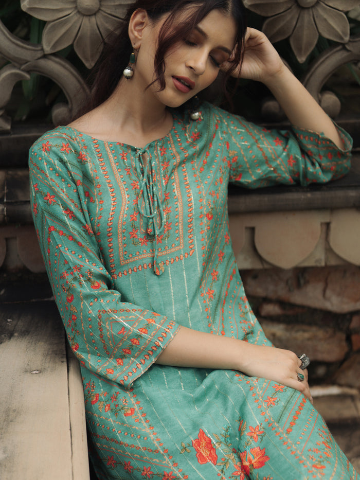 Women's Sea Green floral Sequined Straight Kurta Set