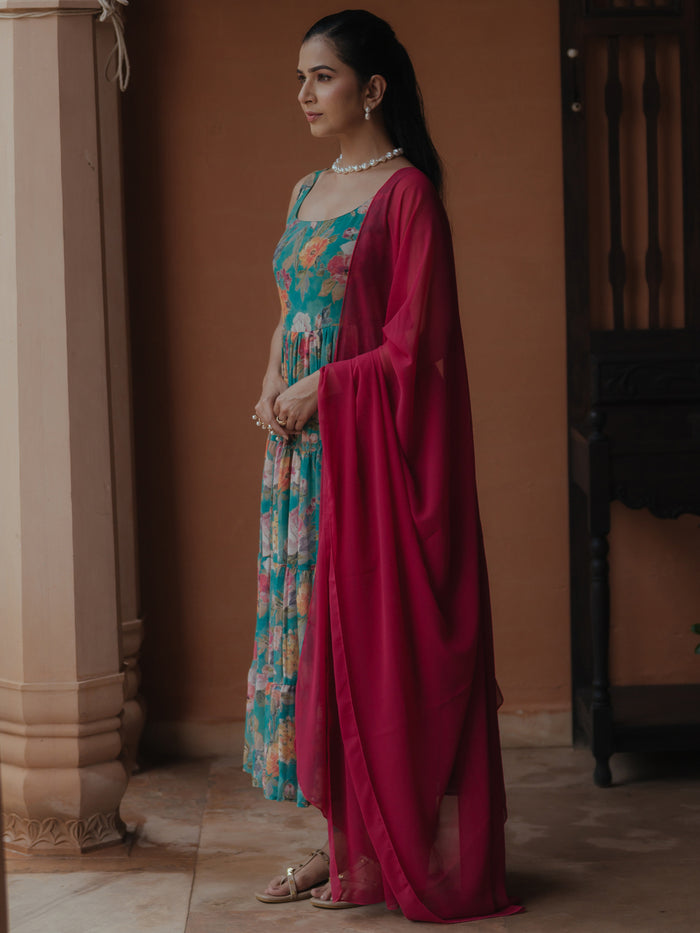 Women's Teal Georgette Kurta Set With Dupatta