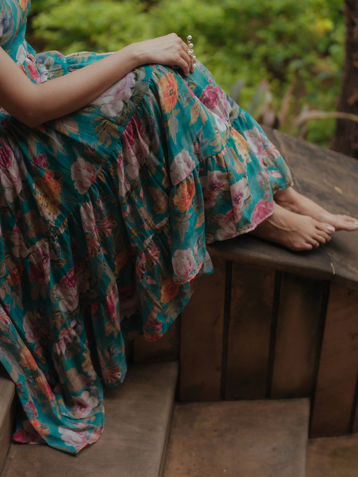 Women's Teal Georgette Kurta Set With Dupatta