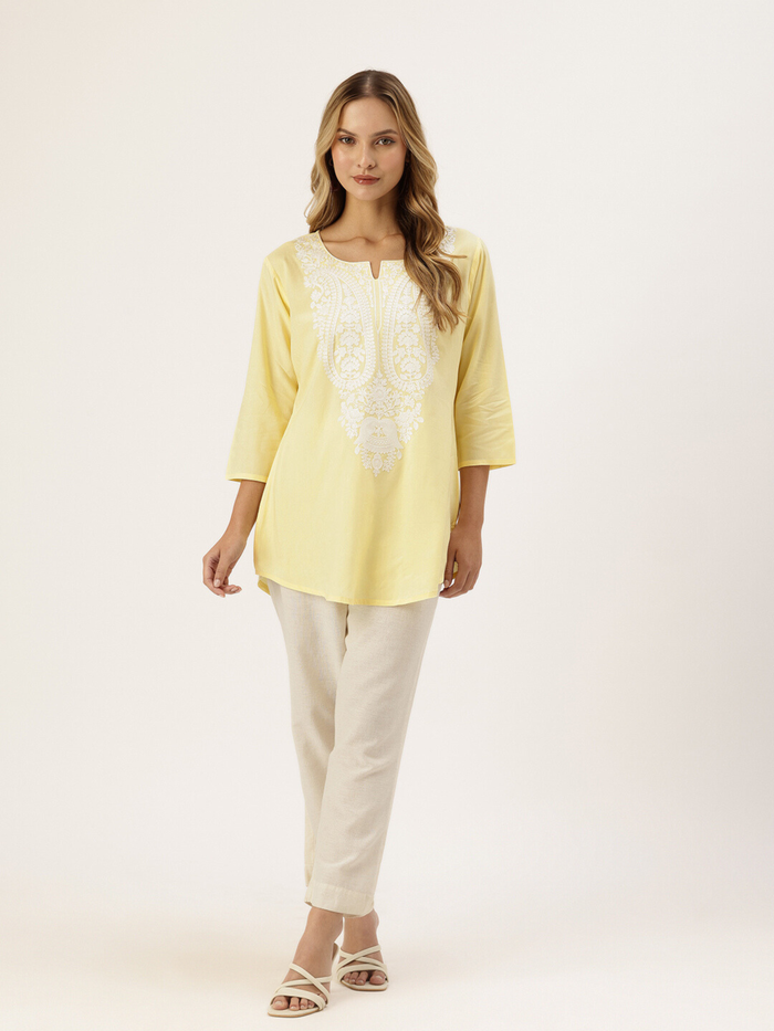 Yellow Embroidered Ethnic Tunic, Printed Tunic, Embroidered Short Kurti, Short Top
