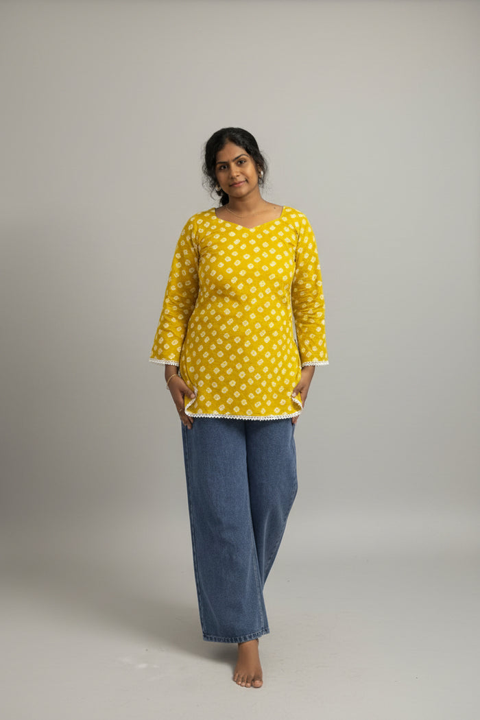 Yellow Pearl Back Short Kurti