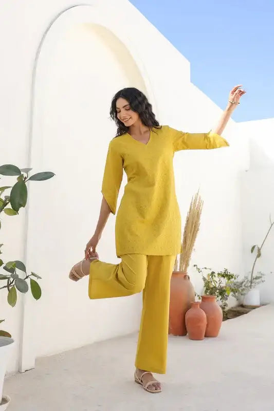 Yellow Sunflower Bliss Schiffli Cotton Co-ord Set