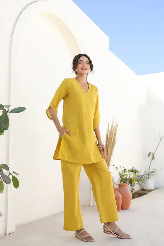 Yellow Sunflower Bliss Schiffli Cotton Co-ord Set