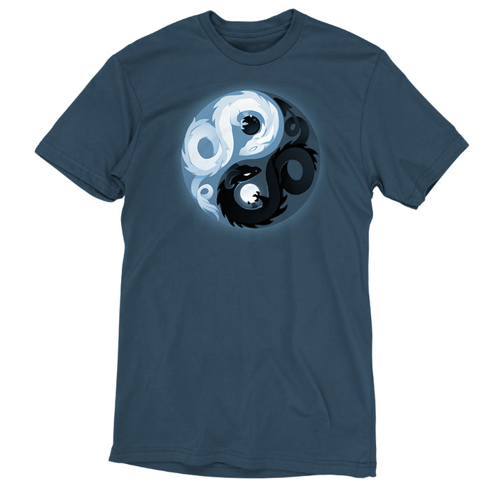Premium Cotton T-shirt_Teeturtle denim blue Yin and Yang Dragons apparel featuring white and black dragons intertwined in a yin-yang symbol.