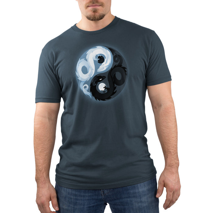 Premium Cotton T-shirt_Teeturtle denim blue Yin and Yang Dragons apparel featuring white and black dragons intertwined in a yin-yang symbol.
