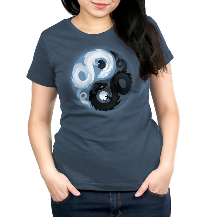 Premium Cotton T-shirt_Teeturtle denim blue Yin and Yang Dragons apparel featuring white and black dragons intertwined in a yin-yang symbol.