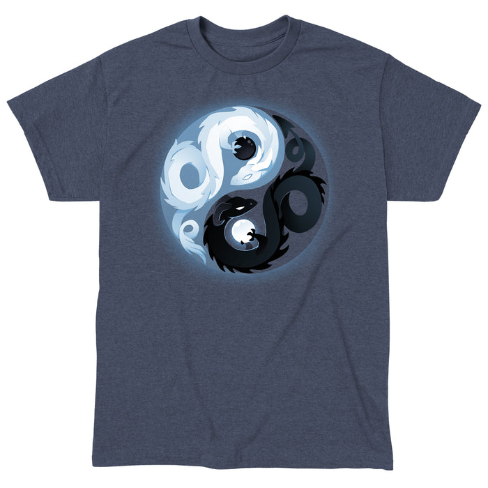 Classic Cotton T-shirt_Teeturtle heather navy Yin and Yang Dragons apparel featuring white and black dragons intertwined in a yin-yang symbol.