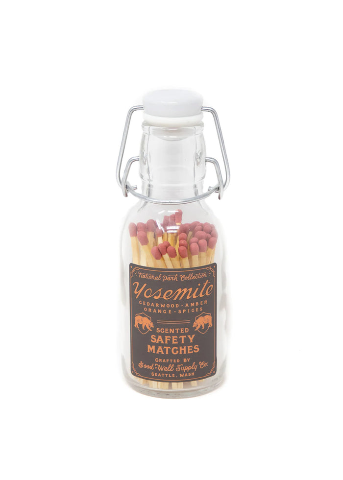 Glass jar of Yosemite scented safety matches with cedarwood, amber, orange, spices label by Good + Well Supply Co., Seattle.